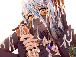 Rule 34 | 1girl, azura (fire emblem), bar censor, blue hair, blush, censored, cum, cum on clothes, cum on fingers, cum on hair, ejaculation, facial, fingerless gloves, fingernails, fire emblem, fire emblem fates, gloved handjob, gloves, hair between eyes, handjob, hetero, looking at viewer, mouth veil, myaan, nintendo, open mouth, out of frame, parted lips, penis, saijou satoru, see-through, simple background, smile, solo focus, veil, white background, yellow eyes