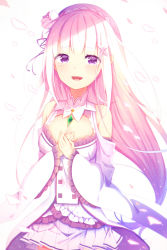 Rule 34 | 10s, 1girl, blush, breasts, cleavage, commentary, detached collar, dress, emilia (re:zero), eyebrows, flower, frilled dress, frilled sleeves, frills, gem, hair flower, hair ornament, hands on own chest, headdress, long hair, looking at viewer, natsume3304, open mouth, own hands together, petals, pleated skirt, pointy ears, purple eyes, re:zero kara hajimeru isekai seikatsu, rose, simple background, skirt, smile, solo, white background, white dress, white flower, white hair, white rose, white skirt