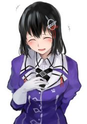 Rule 34 | 1girl, 73suke, absurdres, black hair, black ribbon, commentary request, closed eyes, gloves, haguro (kancolle), haguro kai ni (kancolle), hair ornament, hand on own chest, highres, kantai collection, military, military uniform, neck ribbon, purple shirt, ribbon, shirt, short hair, simple background, solo, uniform, upper body, white background, white gloves