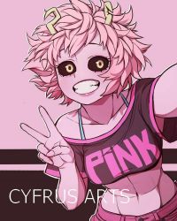 Rule 34 | 10s, 1girl, antennae, artist name, ashido mina, black sclera, boku no hero academia, breasts, casual, collarbone, colored sclera, colored skin, crop top, cyfrus, grin, highres, lips, medium breasts, midriff, navel, off shoulder, pink background, pink hair, pink skin, pink theme, selfie, short hair, smile, solo, toned, v, yellow eyes