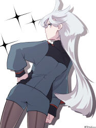 Rule 34 | 1girl, akira (tete-akira), artist name, asticassia school uniform, back-seamed legwear, from behind, green shorts, grey eyes, gundam, gundam suisei no majo, hand on own hip, highres, long hair, long sleeves, looking at viewer, looking back, miorine rembran, pantyhose, profile, school uniform, seamed legwear, short shorts, shorts, simple background, solo, sparkle, standing, very long hair, white background, white hair
