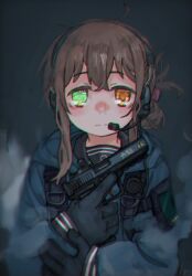 Rule 34 | 1girl, ahoge, alternate costume, arm strap, artificial eye, artist name, black gloves, black sailor collar, blue jacket, blurry, brown eyes, brown hair, closed mouth, commentary request, depth of field, folded ponytail, glock, gloves, green eyes, gun, hand up, handgun, headset, heterochromia, holding, holding gun, holding weapon, hood, hood down, hooded jacket, inazuma (kancolle), jacket, kantai collection, kuro4221, long sleeves, mechanical eye, messy hair, sailor collar, shoulder strap, smoke, solo, straight-on, tactical clothes, upper body, weapon, weapon request
