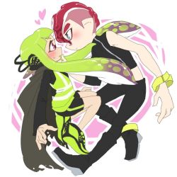 Rule 34 | 1boy, 1girl, agent 3 (splatoon), agent 8 (splatoon), banamiluv, bike shorts, black pants, black skirt, blue eyes, blush, boots, bracelet, cape, denim, green hair, hand on another&#039;s chin, headset, high-visibility vest, holding hands, inkling, inkling girl, inkling player character, jeans, jewelry, nintendo, octoling, octoling boy, octoling player character, octopus, open mouth, pants, pointy ears, purple eyes, red hair, reflective vest, simple background, skirt, splatoon (series), splatoon 1, splatoon 2, splatoon 2: octo expansion, sportswear, squid, tentacle hair
