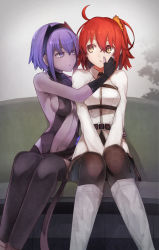 Rule 34 | 2girls, :o, ahoge, backless outfit, bare shoulders, bench, between legs, black gloves, black legwear, blush, breasts, dark-skinned female, dark skin, eye contact, fate/grand order, fate/prototype, fate/prototype: fragments of blue and silver, fate (series), female focus, fingerless gloves, fujimaru ritsuka (female), gloves, hairband, hand between legs, hand on another&#039;s cheek, hand on another&#039;s face, hand on another&#039;s hip, hassan of serenity (fate), highres, hug, knees together feet apart, legs together, long sleeves, looking at another, looking to the side, medium breasts, multiple girls, navel, orange hair, pantyhose, pen (pixiv257621), purple eyes, purple hair, scrunchie, short hair, side-by-side, side ponytail, sideboob, sitting, type-moon, uniform, v arms, yellow eyes, yuri