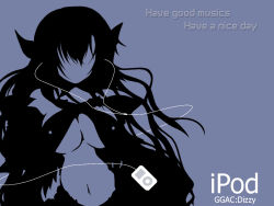 Rule 34 | 1girl, apple inc., breasts, character name, digital media player, dizzy (guilty gear), earphones, english text, engrish text, faceless, faceless female, guilty gear, ipod, ipod ad, limited palette, medium breasts, no bra, parody, ranguage, silhouette, simple background, solo, tagme, wallpaper