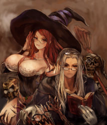 Rule 34 | 1boy, 1girl, bare shoulders, book, borrowed clothes, breasts, broom, cleavage, dragon&#039;s crown, eyewear on head, eyewear switch, glasses, grin, hat, highres, jewelry, large breasts, light smile, long hair, necklace, red hair, silver hair, skeleton, smile, sorceress (dragon&#039;s crown), tomatika, witch hat, wizard (dragon&#039;s crown)
