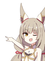 Rule 34 | ;d, bare arms, bare shoulders, chest jewel, chirun0, flat chest, highres, long hair, looking at viewer, low twintails, nia (blade) (xenoblade), nia (xenoblade), one eye closed, open mouth, pointing, simple background, smile, twintails, upper body, white background, xenoblade chronicles (series), xenoblade chronicles 2