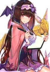 Rule 34 | &gt;:), 1girl, bat (animal), black hair, bow, breasts, center frills, cloak, commentary request, drawing tablet, fate/grand order, fate (series), floral print, fox, frilled shirt, frilled skirt, frills, hair bobbles, hair bow, hair ornament, hairband, hakuishi aoi, holding, holding stylus, hood, hood down, hooded cloak, large breasts, long hair, long sleeves, low twintails, origami, osakabehime (fate), pink lips, print cloak, purple bow, purple eyes, purple skirt, rabbit, shirt, simple background, sitting, skirt, sleeves past wrists, smile, solo, stylus, twintails, very long hair, white background, white shirt