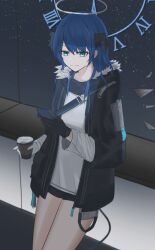 Rule 34 | 1girl, absurdres, arknights, black gloves, black jacket, blue eyes, blue hair, cellphone, coffee cup, cup, demon horns, detached wings, disposable cup, fur trim, gloves, halo, highres, holding, holding cup, holding phone, hood, horns, jacket, long hair, long sleeves, mostima (arknights), myb52, open clothes, phone, shirt, simple background, smartphone, smile, solo, strap, tail, white gloves, white shirt, wings