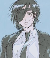Rule 34 | 1girl, am4 pm4, black eyes, black hair, black jacket, black suit, blue background, chainsaw man, collared shirt, eyelashes, eyepatch, formal, hair between eyes, highres, himeno (chainsaw man), jacket, necktie, one eye covered, open mouth, shirt, short hair, solo, suit, tongue, white shirt