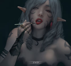 Rule 34 | 1girl, choker, copyright request, earrings, elf, eyebrows, facepaint, fangs, highres, jewelry, lipstick, makeup, moon, pointy ears, red eyes, ring, silver hair, solo, tagme, tattoo, zed (trungbui42)