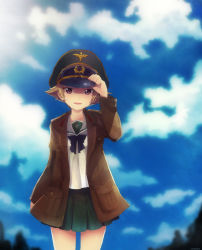 Rule 34 | 10s, 1girl, adjusting clothes, adjusting headwear, blonde hair, blouse, bow, bowtie, brown eyes, brown jacket, cloud, cloudy sky, cowboy shot, day, erwin (girls und panzer), girls und panzer, goggles, goggles on headwear, green skirt, hat, highres, jacket, kosame koori, long sleeves, looking at viewer, military, military uniform, miniskirt, ooarai school uniform, open clothes, open jacket, parted lips, peaked cap, pleated skirt, pointy hair, school uniform, serafuku, shirt, short hair, skirt, sky, smile, solo, standing, sweat, uniform, white shirt