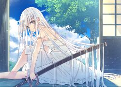 Rule 34 | 1girl, bare shoulders, dress, feet out of frame, holding, holding sword, holding weapon, knee up, long hair, looking at viewer, looking to the side, original, sheath, sheathed, shiro youduki, sitting, solo, sword, veranda, very long hair, weapon, white dress, white hair, yellow eyes