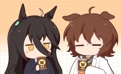 Rule 34 | 2girls, agnes tachyon (umamusume), ahoge, animal ears, black hair, black jacket, black shirt, brown background, brown eyes, brown hair, can, canned coffee, chibi, drink can, ears down, gomashio (goma feet), gradient background, hair between eyes, holding, holding can, horse ears, jacket, jitome, lab coat, long hair, long sleeves, manhattan cafe (umamusume), multiple girls, open clothes, open jacket, polka dot, polka dot background, shirt, sleeves past fingers, sleeves past wrists, sweater vest, umamusume, white background