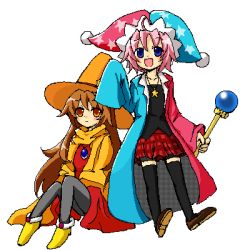 Rule 34 | 2girls, blue eyes, brown eyes, brown hair, hat, jester cap, kirby, kirby (series), kirby super star, kirby super star ultra, lowres, multiple girls, nintendo, personification, pink hair, scepter, simirror, witch, witch hat