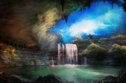 Rule 34 | cave, cloud, creature, highres, lake, landscape, nature, no humans, original, red eyes, scenery, sky, tree, water, waterfall, yilx