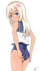 Rule 34 | 10s, 1girl, adjusting clothes, adjusting swimsuit, arms behind back, ass, bare shoulders, blonde hair, blue eyes, blue one-piece swimsuit, blush, closed mouth, cowboy shot, from behind, kantai collection, linfa (futari midara), long hair, looking back, one-piece swimsuit, ro-500 (kancolle), sailor collar, school swimsuit, shirt, simple background, skin tight, sleeveless, sleeveless shirt, smile, solo, standing, swimsuit, swimsuit under clothes, tan, tanline, white background, white shirt