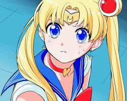 Rule 34 | 1girl, absurdres, bishoujo senshi sailor moon, bishoujo senshi sailor moon s, blonde hair, blue background, blue eyes, blue sailor collar, bow, bowtie, breasts, choker, cleavage, crescent, crescent earrings, derivative work, earrings, from side, hair ornament, heart, heart choker, highres, jewelry, meme, orange lili, parted bangs, parted lips, red bow, red bowtie, red choker, sailor collar, sailor moon, sailor moon redraw challenge (meme), school uniform, screenshot redraw, serafuku, solo, sweatdrop, tiara, tsukino usagi, twintails, upper body