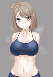 Rule 34 | 1girl, ahoge, arms behind back, bare shoulders, bike shorts, black sports bra, blush, breasts, brown eyes, brown hair, chado maki, cleavage, closed mouth, collarbone, commentary request, cowboy shot, grey background, groin, hair between eyes, large breasts, looking at viewer, midriff, myouan, navel, original, short hair, sidelocks, simple background, smile, solo, sports bra, standing, steam, sweat, taut clothes, thick eyebrows