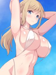 Rule 34 | 1girl, alice gear aegis, armpits, arms behind head, bikini, blonde hair, blue background, blue eyes, breasts, covered erect nipples, f 1chan, large breasts, long hair, looking at viewer, navel, ponytail, rita henschel, simple background, slingshot swimsuit, solo, swimsuit, white bikini