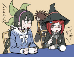 Rule 34 | 1boy, 2girls, black hair, black headwear, black jacket, blue shirt, blush stickers, bow, brown background, brown eyes, brown hair, buttons, chabashira tenko, chair, choker, commentary request, cup, danganronpa: trigger happy havoc, danganronpa (series), danganronpa v3: killing harmony, double-breasted, dreadlocks, from side, hagakure yasuhiro, hair ornament, hairband, hat, index finger raised, jacket, long hair, long sleeves, looking at another, multiple girls, namu (nurui cha), open mouth, pink choker, pink hairband, red hair, sailor collar, shirt, short hair, simple background, sitting, sweat, table, teacup, translation request, white bow, white sailor collar, witch hat, yumeno himiko