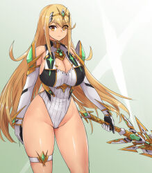 Rule 34 | 1girl, blonde hair, breasts, cleavage, cleavage cutout, clothing cutout, gloves, highres, large breasts, legs, leotard, long hair, looking at viewer, mythra (xenoblade), solo, thick thighs, thighs, very long hair, weapon, wide hips, xenoblade chronicles (series), xenoblade chronicles 2, yellow eyes