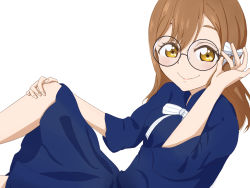Rule 34 | 1girl, artist name, artist request, blue bow, blue dress, blue skirt, blush, bow, breasts, brown eyes, brown hair, buttons, close-up, dress, female focus, frilled sleeves, frills, glasses, hair between eyes, hair bow, hand on own knee, highres, knees up, kunikida hanamaru, light brown hair, long hair, long sleeves, looking at viewer, love live!, love live! school idol festival, love live! sunshine!!, miniskirt, mitaiken horizon, mitaiken horizon (love live!), parted lips, pink lips, plaid, plaid dress, plaid skirt, pleated, pleated dress, pleated skirt, ribbon, skirt, small breasts, smile, solo, striped bow, striped ribbon, white background, white bow, white ribbon, yellow eyes