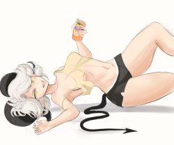 Rule 34 | 1girl, bare shoulders, black horns, black shorts, breasts, breasts apart, can, crop top, demon tail, drink, grey hair, highres, holding, holding can, holding drink, horns, medium breasts, midriff, off shoulder, open mouth, original, rakeemspoon, short shorts, shorts, solo, susan (rakeemspoon), tail, tank top, tongue, tongue out, yellow eyes