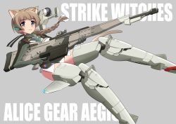 Rule 34 | 1girl, absurdres, ahoge, alice gear aegis, text background, blue eyes, bodysuit, braid, braided ponytail, brown hair, commentary request, copyright name, cosplay, english text, flying, grey background, grey bodysuit, gun, hair tie, headset, highres, holding, holding gun, holding weapon, huge weapon, long hair, looking at viewer, lynette bishop, mecha musume, parted lips, simple background, single braid, smile, solo, strike witches, tricky 46, trigger discipline, weapon, world witches series