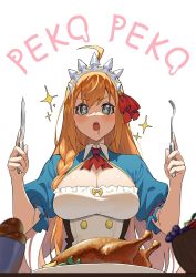 Rule 34 | 1girl, ahoge, ascot, bird, blue eyes, braid, bread, breasts, chicken, cleavage, food, fork, fruit, goumudan, grapes, highres, holding, holding fork, holding knife, knife, large breasts, long hair, open mouth, orange hair, pecorine (princess connect!), princess connect!, red ascot, simple background, single braid, solo, sparkle, sparkling eyes, tiara, white background