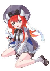 Rule 34 | 1girl, :d, black bow, black footwear, blue eyes, bow, capelet, detached sleeves, gloves, grey capelet, grey hat, hat, hat bow, highres, marna popri, mary janes, open mouth, ossannoa, red hair, ribbon, shirt, shoes, shorts, simple background, sitting, smile, socks, solo, white background, white bow, white gloves, white ribbon, white shirt, white socks, world connect