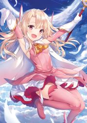Rule 34 | 1girl, :d, blue sky, blush, boots, cloud, cloudy sky, commentary, day, detached sleeves, fate/kaleid liner prisma illya, fate (series), gloves, hair between eyes, head tilt, head wings, highres, hitsukuya, holding, holding wand, illyasviel von einzbern, light brown hair, long hair, long sleeves, looking at viewer, magical ruby, open mouth, outdoors, outstretched arms, pink shirt, prisma illya, red eyes, shirt, skirt, sky, sleeveless, sleeveless shirt, smile, solo, thigh boots, thighhighs, two side up, very long hair, wand, white footwear, white gloves, white skirt, white thighhighs, white wings, winged footwear, wings