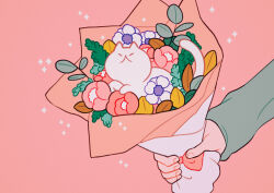 Rule 34 | absurdres, animal, bouquet, cat, closed eyes, flower, highres, holding, holding bouquet, leaf, long sleeves, meyoco, no humans, original, pink background, pink flower, simple background, sparkle, white cat, white flower