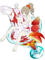 Rule 34 | 1girl, artist request, barefoot, breasts, brown hair, cup, feet, food, fruit, ice cream, in food, ko-tan, licking, mini person, minigirl, nude, original, ponytail, red eyes, simple background, solo, strawberry, sundae, tongue
