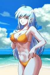 Rule 34 | 1girl, abs, aeos, alternate costume, bare shoulders, beach, bikini, blue eyes, blue hair, blue nails, blue skin, breasts, cloud, colored skin, commentary, commission, cowboy shot, dragon ball, dragon ball heroes, earrings, english commentary, fingernails, grabbing own breast, highres, jewelry, large breasts, long hair, looking at viewer, navel, ocean, outdoors, pea-bean, pointy ears, potara earrings, second-party source, sky, smile, solo, standing, swimsuit, water, yellow bikini
