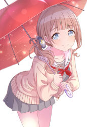 Rule 34 | 1girl, bad id, bad pixiv id, blue eyes, brown cardigan, brown hair, cardigan, closed mouth, commentary request, gatchapowa, grey scrunchie, grey serafuku, grey shirt, grey skirt, hair ornament, hair scrunchie, highres, holding, holding umbrella, leaning forward, long hair, long sleeves, looking at viewer, mochizuki honami, neckerchief, open cardigan, open clothes, pleated skirt, project sekai, red neckerchief, red umbrella, sailor collar, school uniform, scrunchie, serafuku, shirt, side ponytail, simple background, skirt, sleeves past wrists, smile, solo, umbrella, white background, white sailor collar