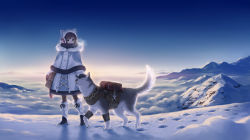 Rule 34 | 1girl, above clouds, animal, animal ears, arm at side, backlighting, bad id, bad pixiv id, bag, black footwear, black gloves, black pantyhose, blue sky, blue theme, blush, boots, breath, brown hair, capelet, cat ears, closed eyes, clothed animal, cloud, cold, covered mouth, cross-laced footwear, dog, dress, earmuffs, fake animal ears, footprints, fur trim, gloves, green eyes, hat, hat with ears, headpat, leg warmers, legs apart, long hair, long sleeves, looking at viewer, megumu, mountain, original, outdoors, pantyhose, pom pom (clothes), shadow, shoulder bag, sky, snow, standing, tassel, twilight, winter clothes