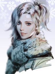 Rule 34 | 1girl, bad id, bad pixiv id, blue eyes, blurry, cropped torso, gradient background, hage2013, lips, looking at viewer, mercy (overwatch), overwatch, overwatch 1, ponytail, purple background, scarf, silver hair, smile, snowflakes, solo, winter clothes