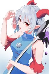 Rule 34 | 1girl, absurdres, bare shoulders, blue dress, commentary, curled horns, dress, food, gradient background, grey hair, highres, holding, holding food, holding utensil, horns, kaminose (user veum4325), looking at viewer, meat, open mouth, red eyes, red horns, red sleeves, short hair, solo, tongue, tongue out, touhou, toutetsu yuuma, upper body