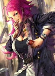 Rule 34 | 10s, ahoge, belt, blue eyes, bracelet, breasts, choker, cleavage, coat, collar, earrings, fate/extra, fate (series), francis drake (fate), highres, jewelry, long hair, necklace, one eye closed, open mouth, pants, pink hair, ring, scar, smoking