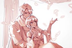 Rule 34 | 1boy, 1girl, breasts, commentary, couple, detached sleeves, falling leaves, hand up, highres, holding person, kaito (vocaloid), leaf, leaning back, looking at another, medium breasts, meiko (vocaloid), monochrome, open mouth, scarf, short hair, sitting, smile, tree, vocaloid, wide sleeves, yen-mi