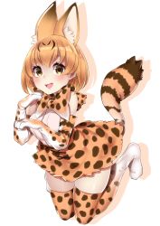 Rule 34 | 10s, 1girl, absurdres, animal ears, blonde hair, blouse, blush, bow, breasts, brown bow, brown gloves, brown thighhighs, buta tamako, cat ears, cat tail, elbow gloves, full body, gloves, highres, kemono friends, legs together, looking at viewer, medium breasts, open mouth, serval (kemono friends), serval print, serval tail, shadow, shirt, short hair, simple background, sleeveless, sleeveless shirt, smile, solo, tail, thighhighs, white background, white shirt, yellow eyes