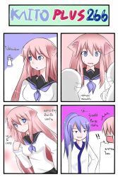 Rule 34 | 2boys, 4koma, ^^^, animal ears, arm up, blue eyes, blue hair, blush, camera, cat ears, catstudioinc (punepuni), chibi, closed eyes, comic, cosplay, crossdressing, grin, head bump, highres, injury, kaito (vocaloid), kamui gakupo, kemonomimi mode, long hair, multiple boys, neckerchief, open mouth, pantyhose, ponytail, puni (cosplay), puni (miku plus), puni (miku plus) (cosplay), purple eyes, purple hair, red hair, school uniform, serafuku, shirt, skirt, smile, surprised, thai text, translation request, trap, troll face, vocaloid, wavy mouth, wig