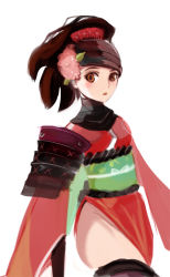 Rule 34 | 1girl, armor, brown eyes, brown hair, comb, flower, hair flower, hair ornament, japanese armor, japanese clothes, katana, kimono, kote, looking at viewer, momohime, obi, oboro muramasa, sash, sheath, short kimono, shoulder armor, side slit, simple background, sode, solo, striped clothes, striped thighhighs, sword, thighhighs, weapon, white background, wizard898
