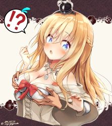 Rule 34 | !?, 1boy, 1girl, blonde hair, blush, braid, grabbing another&#039;s breast, breasts, cleavage, crown, dated, dress, flying sweatdrops, french braid, grabbing, groping, jewelry, kantai collection, large breasts, long hair, long sleeves, mini crown, necklace, off-shoulder dress, off shoulder, open mouth, red neckwear, solo focus, sweat, twitter username, upper body, warspite (kancolle), yuzumaki tajii