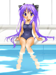Rule 34 | 00s, 1girl, bad id, bad pixiv id, blue eyes, competition school swimsuit, covered navel, highres, hiiragi kagami, indoors, kamia (not found), long hair, lucky star, one-piece swimsuit, pool, poolside, purple hair, school swimsuit, sitting, solo, swimsuit, twintails, window
