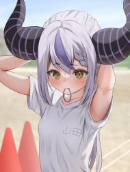 Rule 34 | 1girl, absurdres, armpit peek, arms behind head, blurry, blurry background, braid, brown eyes, collarbone, commentary, contemporary, crown braid, day, gym shirt, hair between eyes, hair tie in mouth, highres, hololive, horns, la+ darknesss, looking at viewer, mouth hold, multicolored hair, outdoors, purple hair, shirt, short sleeves, side braid, solo, streaked hair, striped horns, taro. (tataroro 1), translated, two-tone hair, tying hair, virtual youtuber, white hair, white shirt