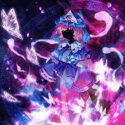Rule 34 | 1girl, blue hat, blue kimono, blue ribbon, blue sash, bow, bug, butterfly, cherry blossom print, commentary, faceless, floral print, frilled kimono, frilled shirt collar, frills, ghost, glowing butterfly, hat, hitodama, insect, japanese clothes, kaigen 1025, kimono, long sleeves, magic circle, meandros, mob cap, neck ribbon, pink hair, ribbon, ribbon-trimmed collar, ribbon trim, saigyouji yuyuko, sash, short hair, silhouette, sleeve garter, solo, touhou, triangular headpiece, waist bow, wide sleeves