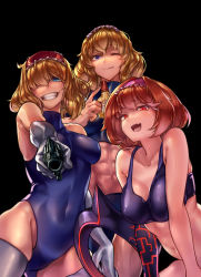 Rule 34 | 3girls, ;p, abs, alice margatroid, bare shoulders, black background, blonde hair, blue eyes, blue leotard, bottle, breasts, cleavage, closed mouth, collarbone, commentary request, cookie (touhou), covered navel, gloves, grin, gun, hair over one eye, hairband, handgun, head tilt, highres, hinase (cookie), holding, holding gun, holding weapon, jigen (cookie), leotard, licking lips, looking at viewer, medium breasts, megafaiarou (talonflame 810), multiple girls, muscular, muscular female, one eye closed, open mouth, orange hair, purple eyes, red eyes, red hairband, revolver, sakuranbou (cookie), simple background, smile, sports bra, teeth, thighhighs, tongue, tongue out, touhou, turtleneck, weapon, white gloves, white legwear