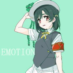 Rule 34 | 1girl, armband, black hair, blush, bow, bowtie, breasts, checkered clothes, checkered skirt, commentary request, eyelashes, eyes visible through hair, fang, green background, grey vest, hand up, hat, looking at viewer, love live!, love live! nijigasaki high school idol club, mifune shioriko, parted lips, red eyes, ribbed hat, shinanoya (satanicad), shirt, short hair, short sleeves, skirt, small breasts, solo, vest, white hat, white shirt, white skirt, wing collar, yellow bow, yellow bowtie
